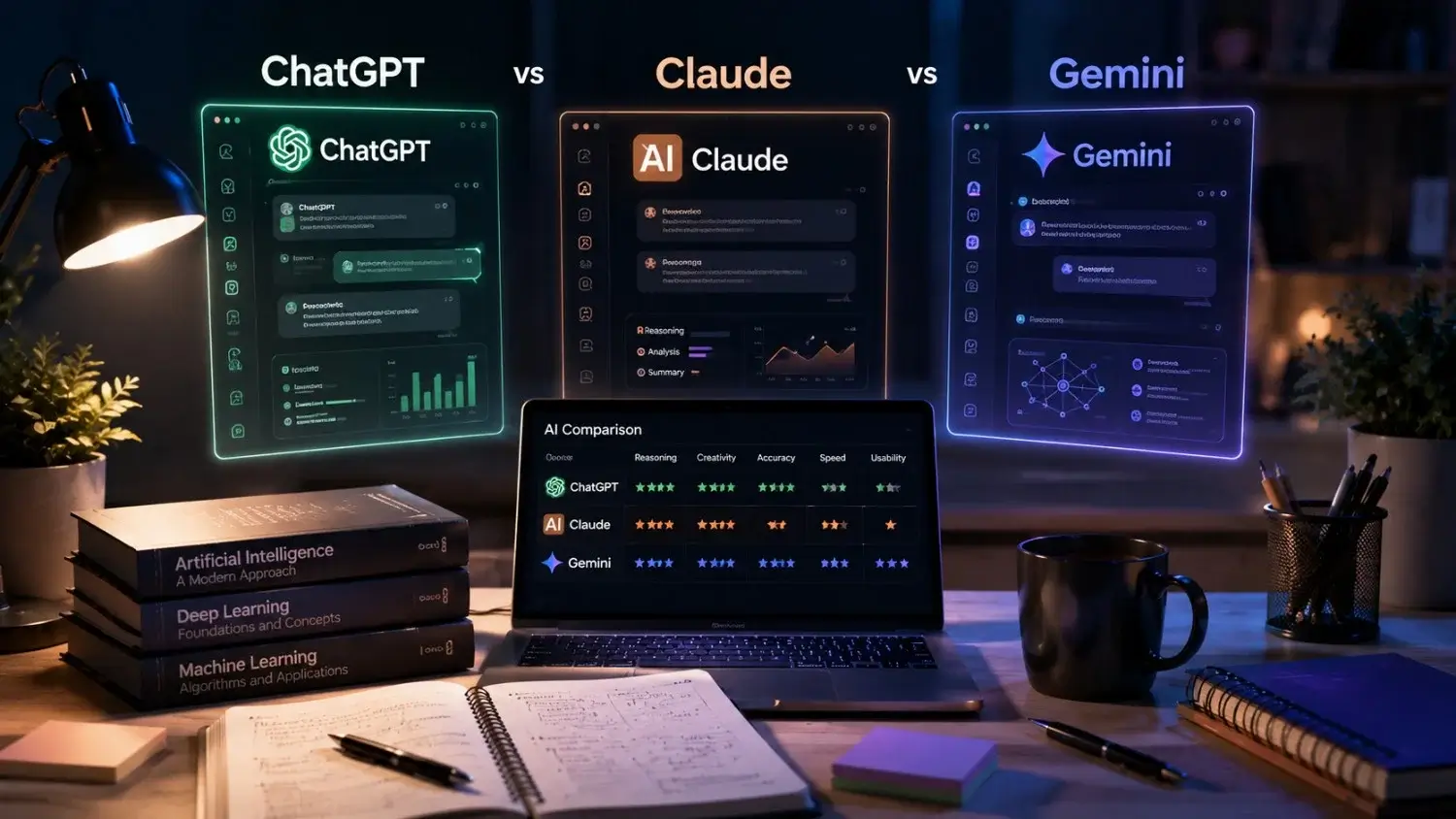 Comparison of AI assistants ChatGPT, Claude, and Gemini for students in 2026